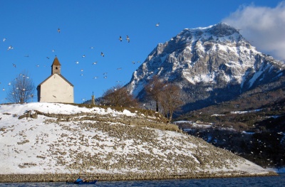 Au pied de la chapelle St-Michel, les goélands tournoient au-dessus d'Olivier.