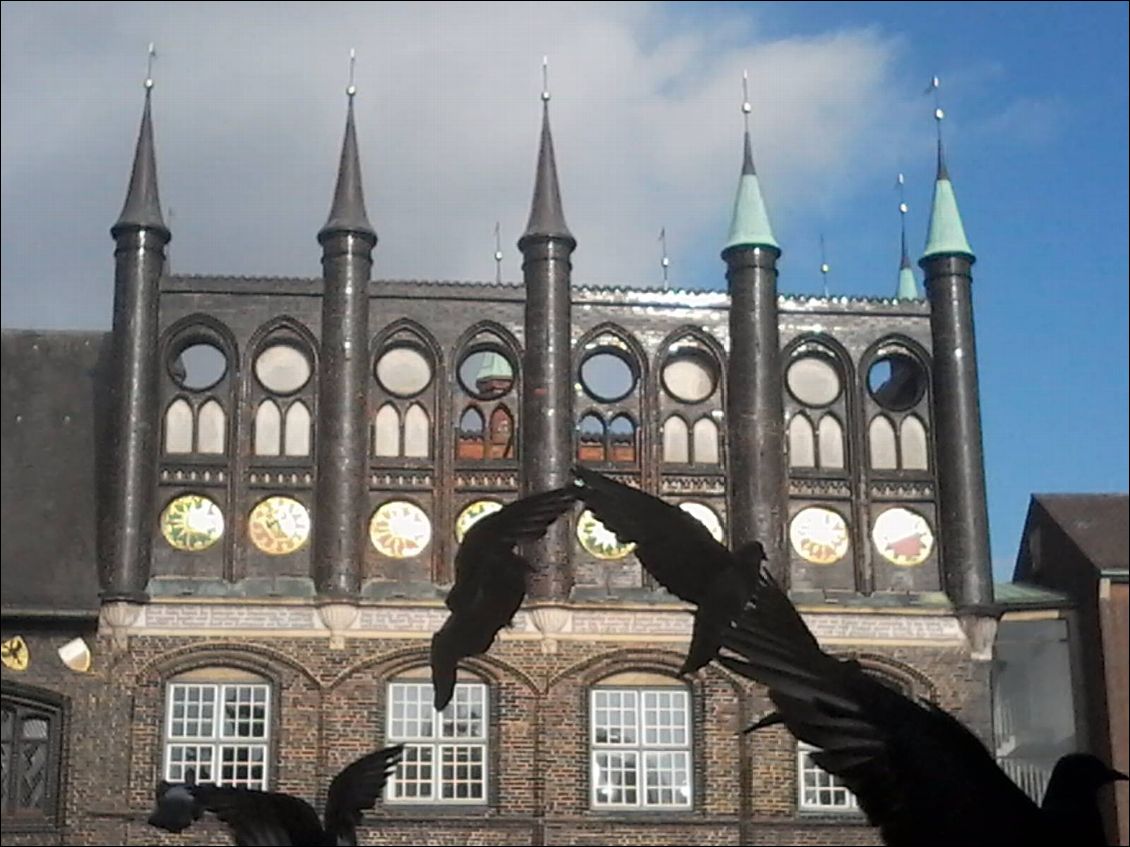 Hôtel de ville en briques noires.