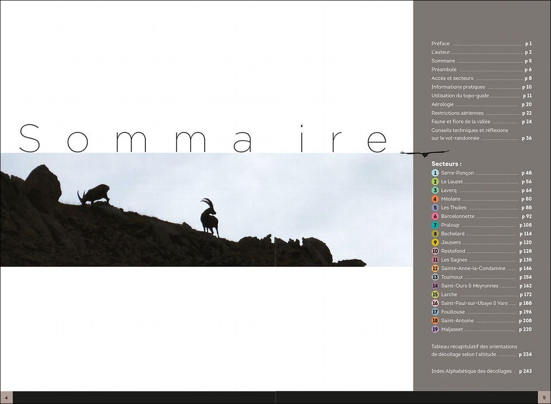 Sommaire du topo, avec notamment la liste des 19 secteurs dans lesquels sont répartis les 104 itinéraires.