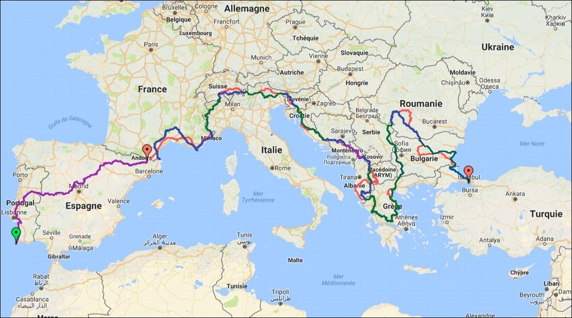 Carte de l'itinéraire accompli et prévisionnel, avec les variantes à choisir et pour lesquelles vous pouvez voter sur le site de Marie et Nil