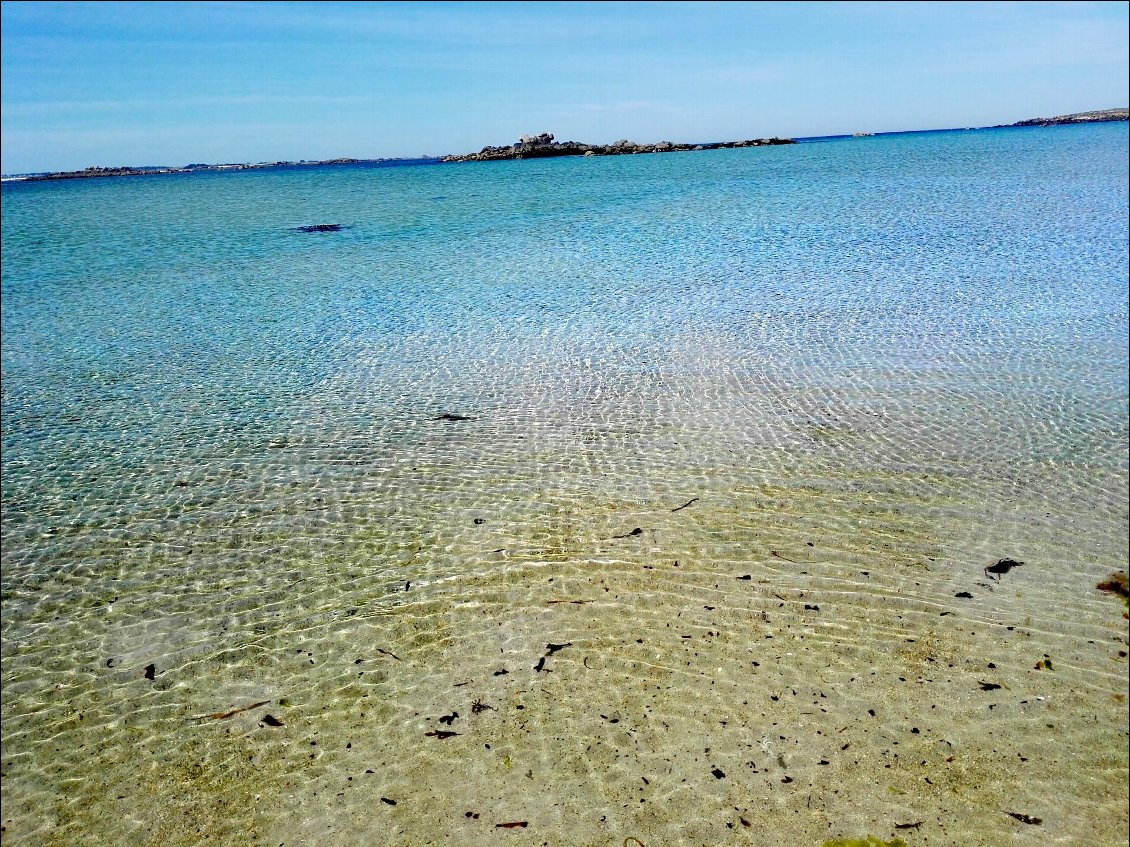 Pause déjeuner. Marée basse entre l'Île Tariec et Roc'h Avel