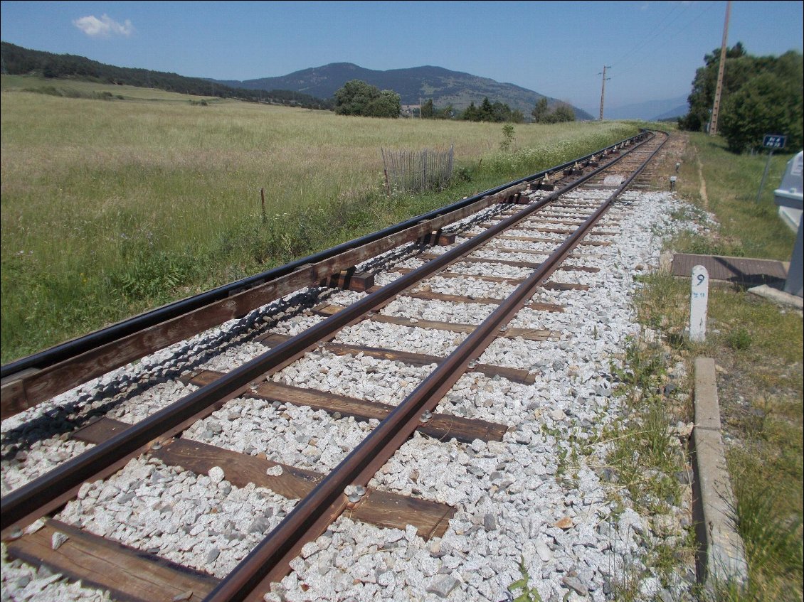 Voie métrique (1m de large) avec rail d'alimentation du train jaune.