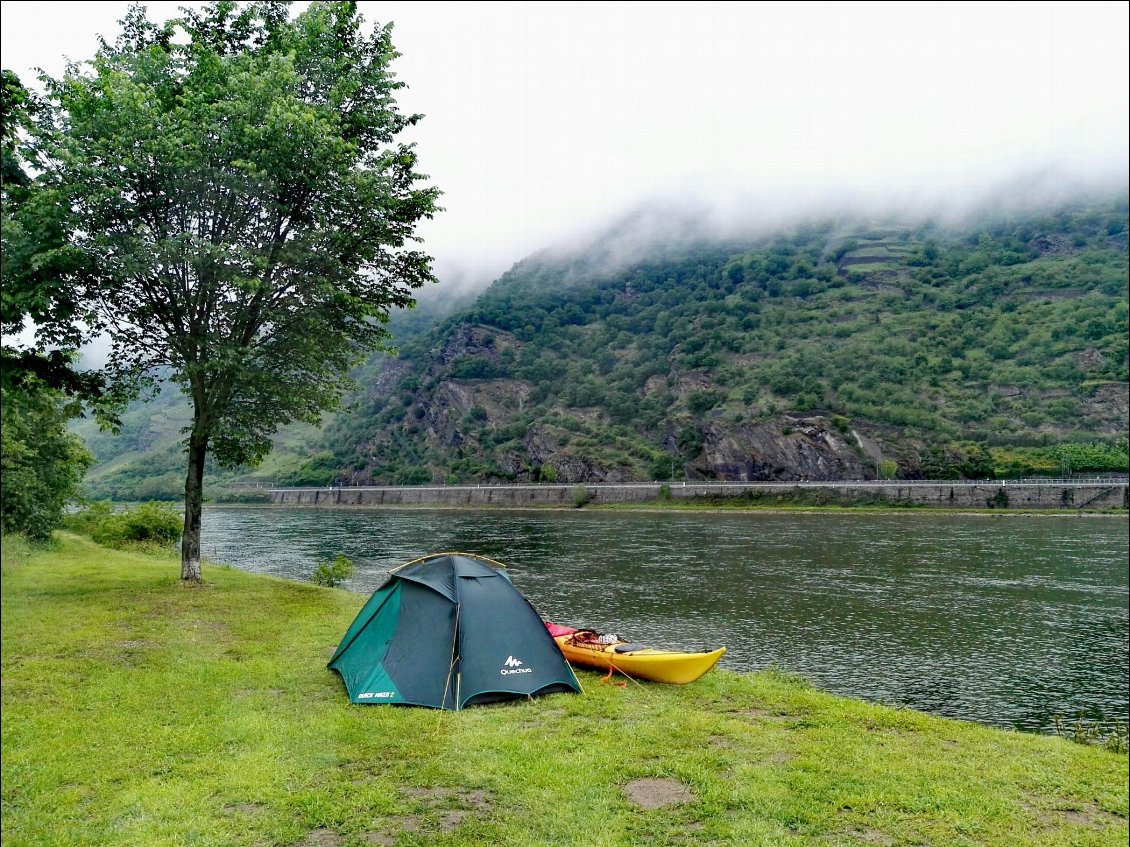 Bivouac. Camping Schönburgblick à Oberwesel. (DE). Au petit matin