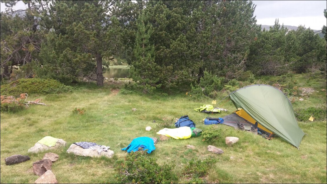 J10. Bivouac nature au NE de l'étang Estany Negre, env 2150m d'altitude. Entièrement seul, mais j’eus la visite à plusieurs reprises de chevaux venus boire dans l'étang et qui se sont intéressés à ma tente et à mes affaires. C’est leur sentier que l’on aperçoit entre les arbres.