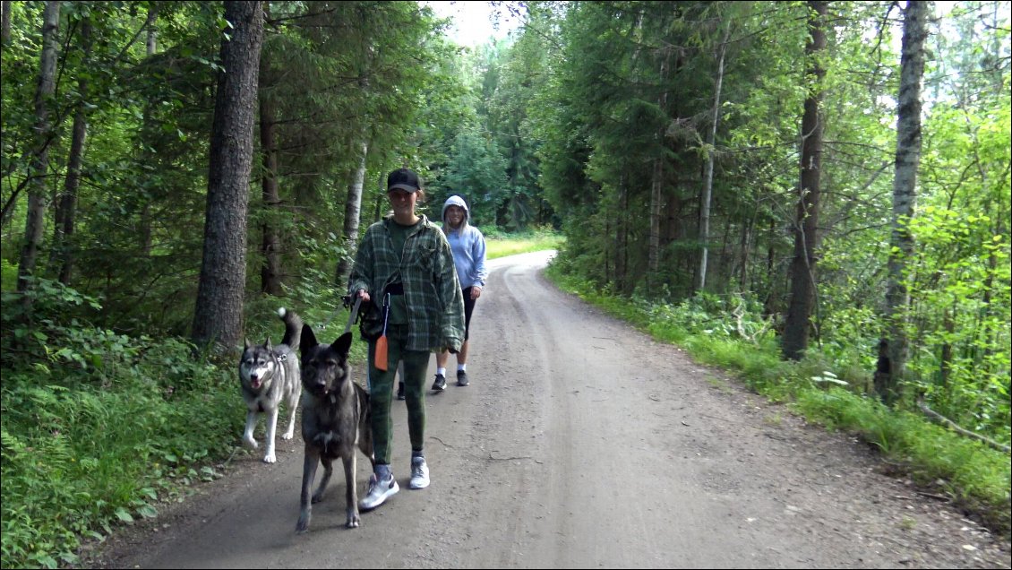 Sans que l'on s'y attende, déboulent trois femmes avec des chiens qui sont faits pour tirer, mais je n'ai même pas le temps de les taquiner avec leur possibilités de nous aider, qu'elles ont déjà disparues !