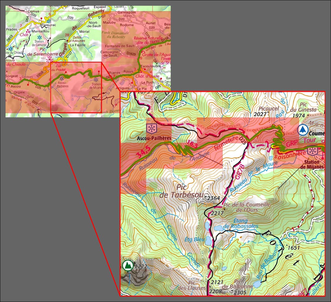 Plus on zoome, plus la zone couverte par chaque tuile est étroite. Ainsi, pour suivre la trace verte, on ne va prendre que les dalles qui sont concernées.