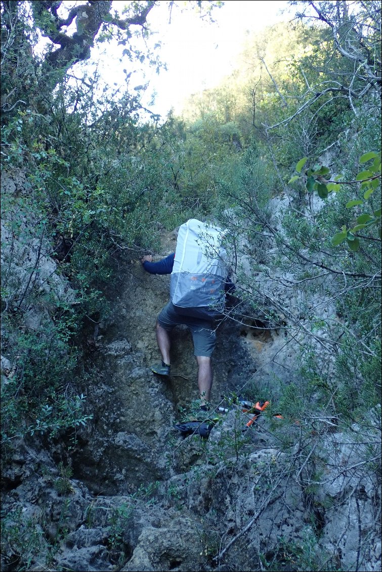 Portage scabreux, on aurait dû descendre encore quelques centaines de mètres pour normalement trouver un bon sentier. On ne savait pas...