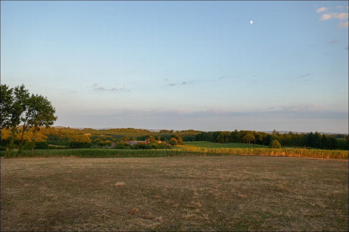 Champ fraîchement moissonné, vue dégagée, un jolie décor pour la soirée.