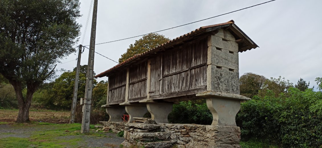 J15. Horreo, grenier à grains dont l'architecture est spécifique à la région de Galice. J'en vois régulièrement. Il sont élevés sur des piliers terminés par des supports plats afin d'en interdire l'accès aux rongeurs.