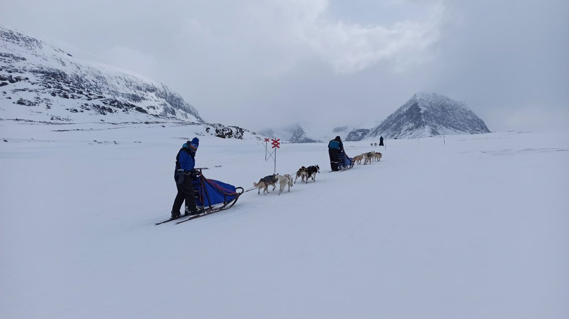 J13. Des chiens de traineaux. Je me rends au grand centre de Kebenekaise qui comporte un hôtel. Dans un rayon de 10-15 km autour du centre les activités touristiques se multiplient.