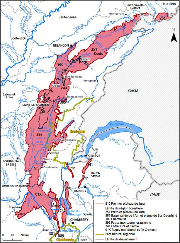 Carte représentant le premier plateau jurassien. Source : https://inventaire-forestier.ign.fr/IMG/pdf/E_10.pdf