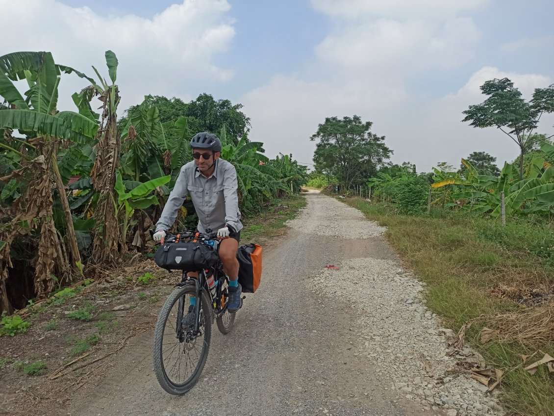 J15. Une piste au milieu des bananiers. Les plantations sont nombreuses dans le pays.