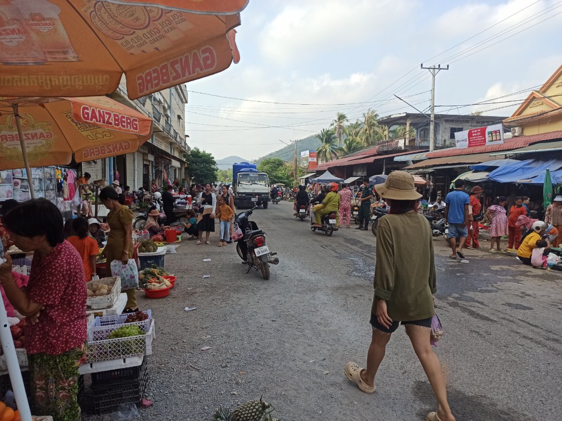 J17. Mon premier marché véritablement cambodgien (non touristique), le long de la route. Ma première impression se confirme toujours un peu plus : moins de légumes et de fruits qu'au Vietnam, plus de viande et de préparations frites dans l'huile. Il me faudra être vigilant sur mon alimentation.