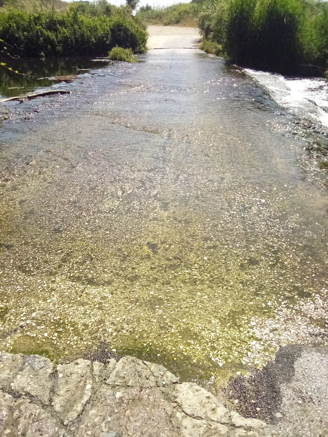 Bon alors là je contrôle mais le GPS me dit bien que c'est la route. Allons-y ! J'y vais quand même mollo, j'ai peur de glisser. Bain de pieds.