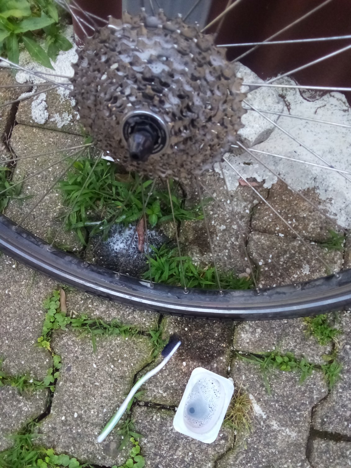 Avec le matériel à dispo : brosse à dents, liquide vaisselle, pot de yaourt.