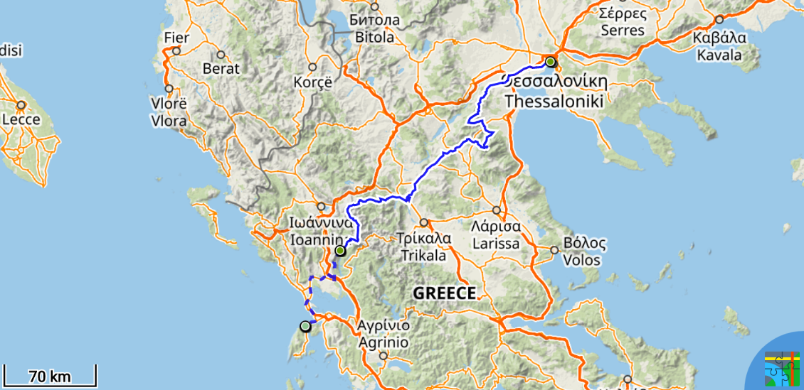 Mon itinéraire grec depuis Thessalonique à Lefkada, où j'ai marché 560 km avec 24 000 m de dénivelé positif. En pointillés la dernière partie en stop et en bus. L'itinéraire est disponible ici : https://link.locusmap.app/t/e6upkz