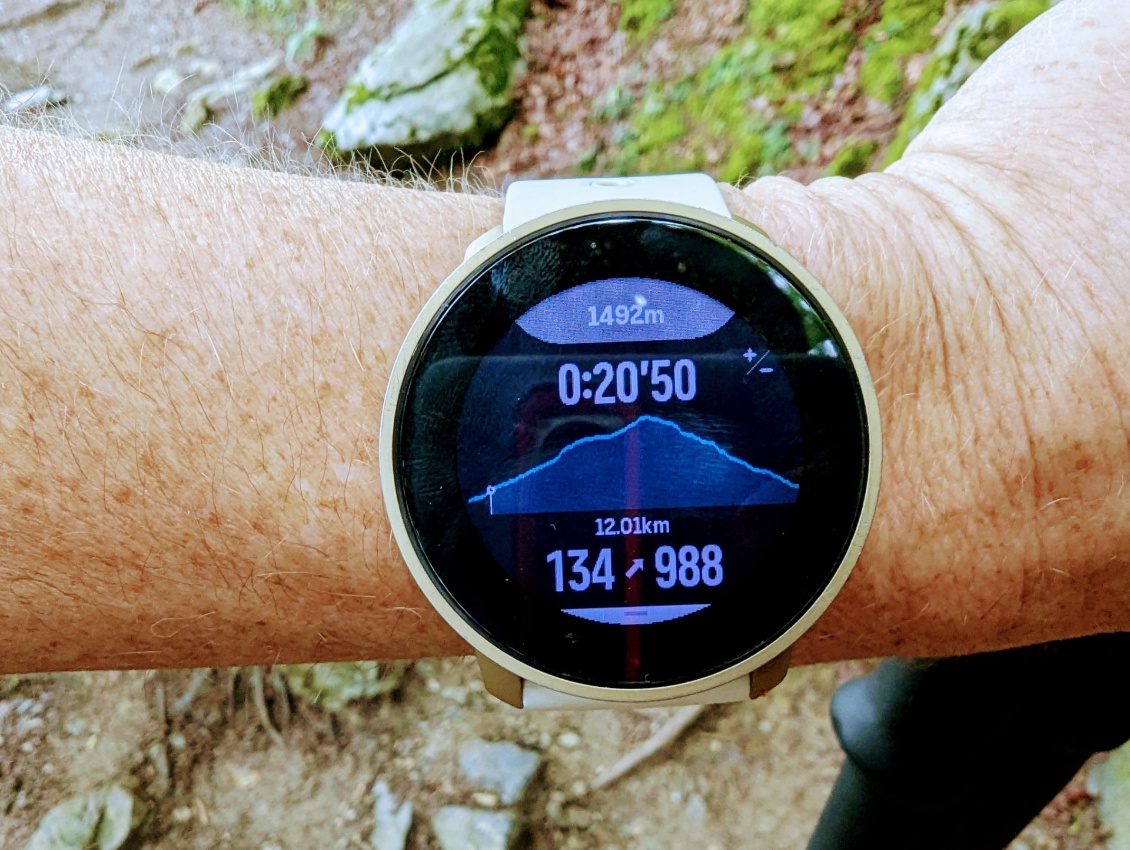 Profil de la rando et notre position sur ce profil (Suunto 9 Peak Pro). On a fait 134m de d+ et il en reste 988