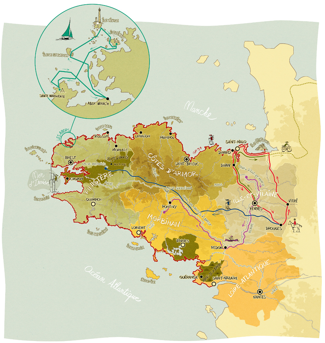 Carte :  Philippe Gady. Les tracés en couleur correspondent aux itinéraires des récits ci-dessous.