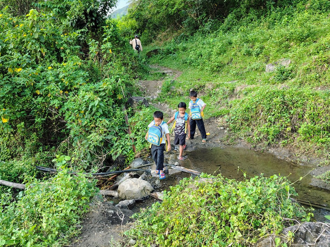 Les enfants des maisons isolées se rendent à l'école du village.