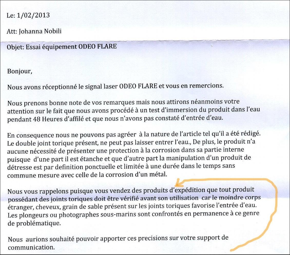 Pour information voici une lettre envoyée par des représentants d'Odeoflare suite à notre test (cliquer dessus pour la voir en plus grand) Note : nous ne vendons pas de matériel. Note 2 : nous avons enlevé les coordonnées présentes sur la lettre suite à leur demande...