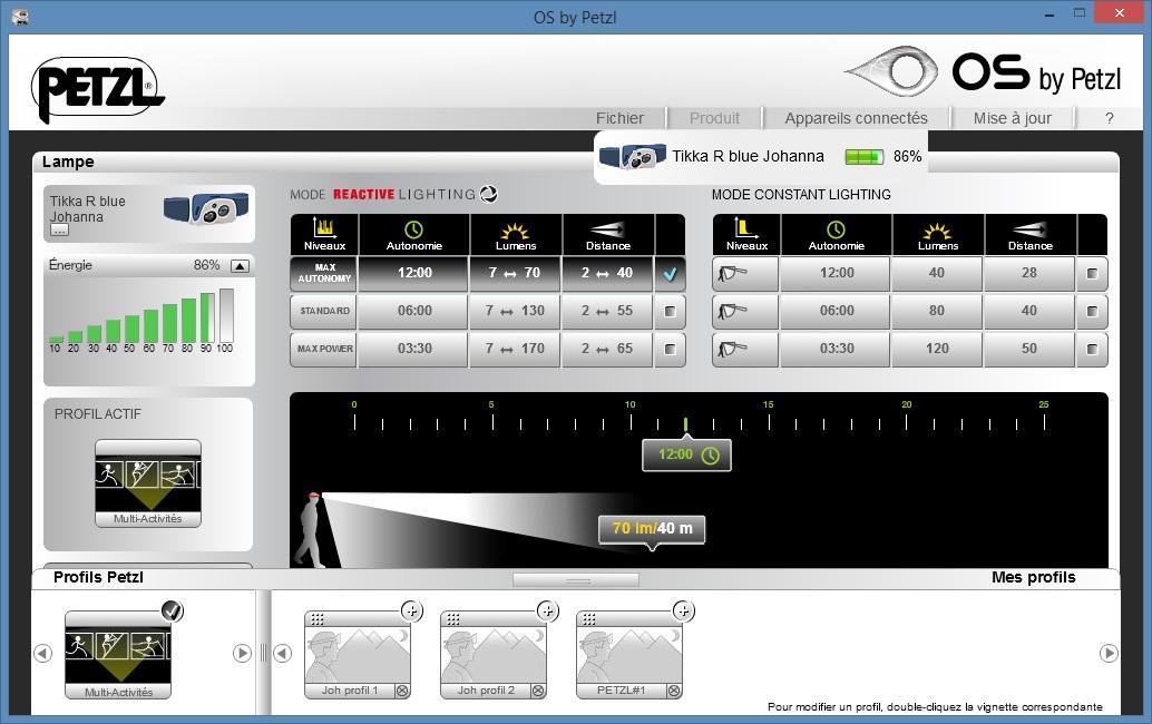 Logiciel Petzl OS, on a déjà créé 2 profils