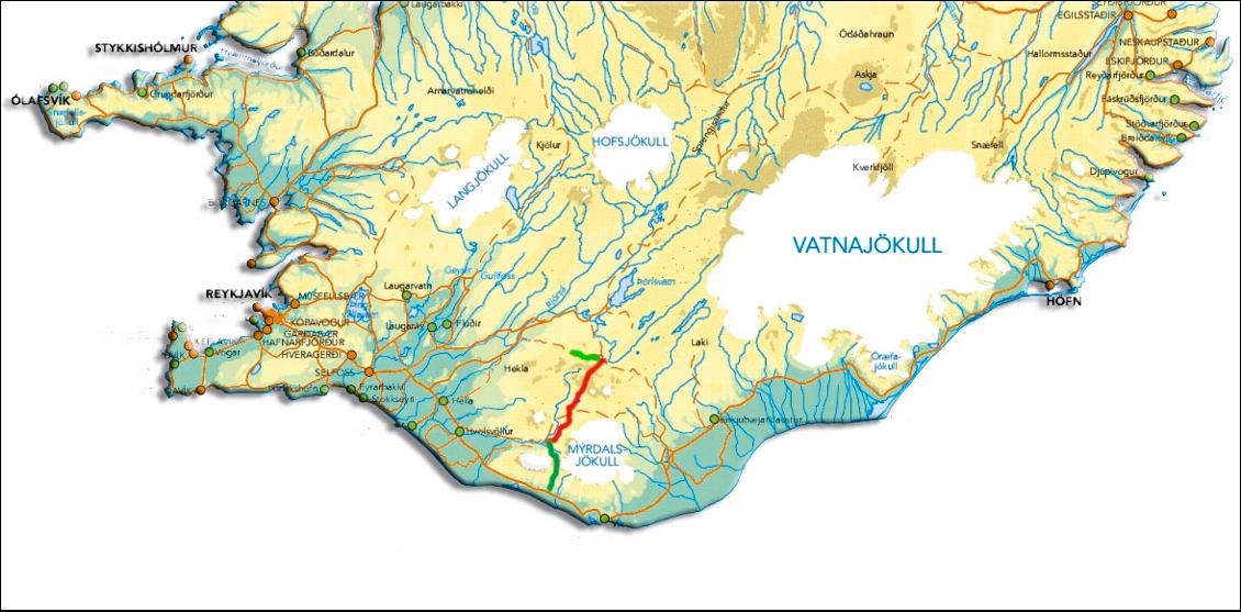 Laugavegur, tracé en rouge. En vert, en haut, il s'agit du trajet Lanmannahellir - lanmannalaugar, en vert en bas, il s'agit de Thorsmork - Skogar