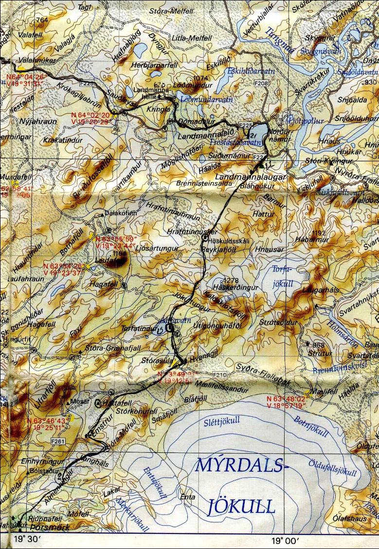 Tracé plus précis du trek du Laugavegur (sur fond de carte Islandskort, les cartes au 1:300 000e touristiques d'Islande)