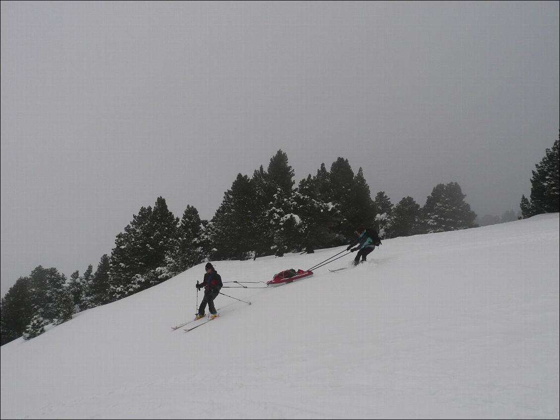 GTV hivernale : descente avec pulka, si quelqu'un peut aider en la maintenant de l'arrière c'est nettement plus facile