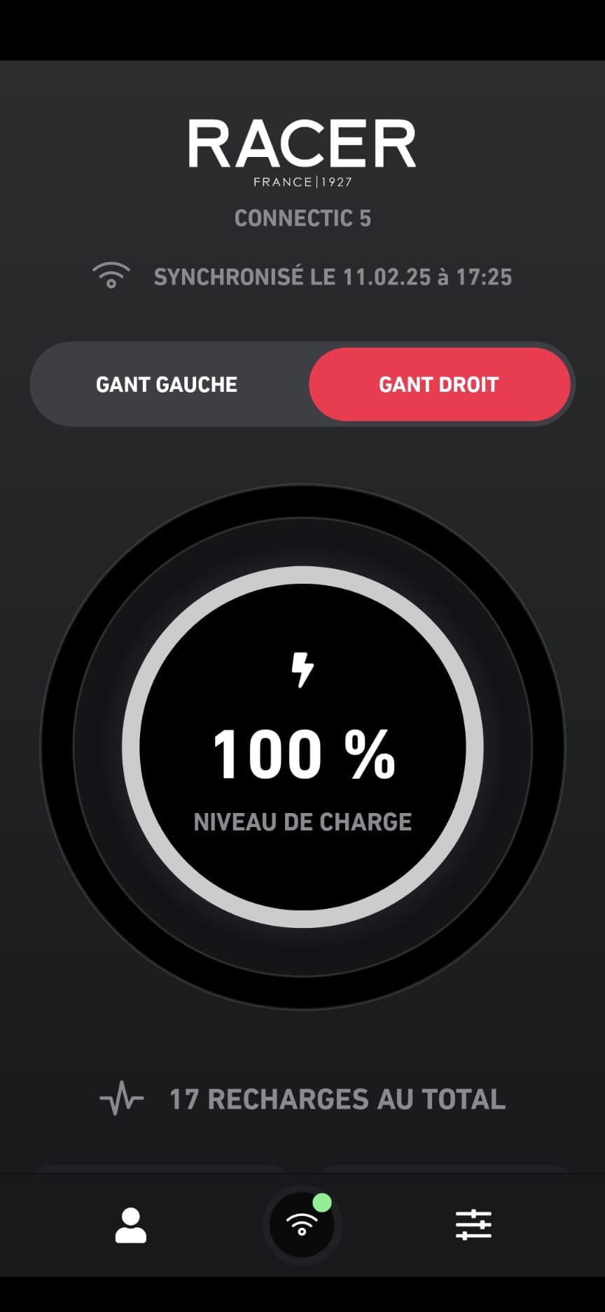 Visualisation de l'état actuel de la batterie, et du nombre de recharges effectuées.